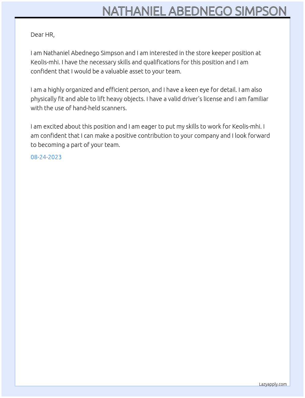 store keeper  At Keolis-mhi Cover Letter