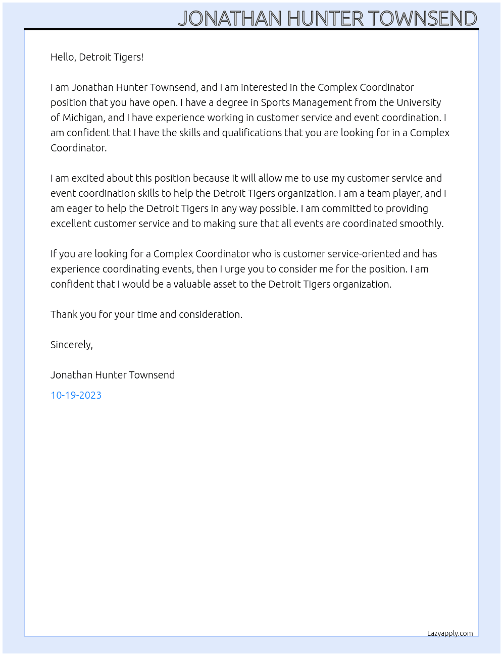 Complex Coordinator At Detroit Tigers Cover Letter
