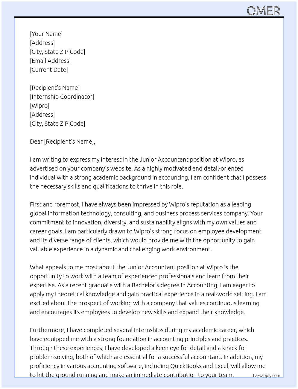 junior accountant  At wipro Cover Letter