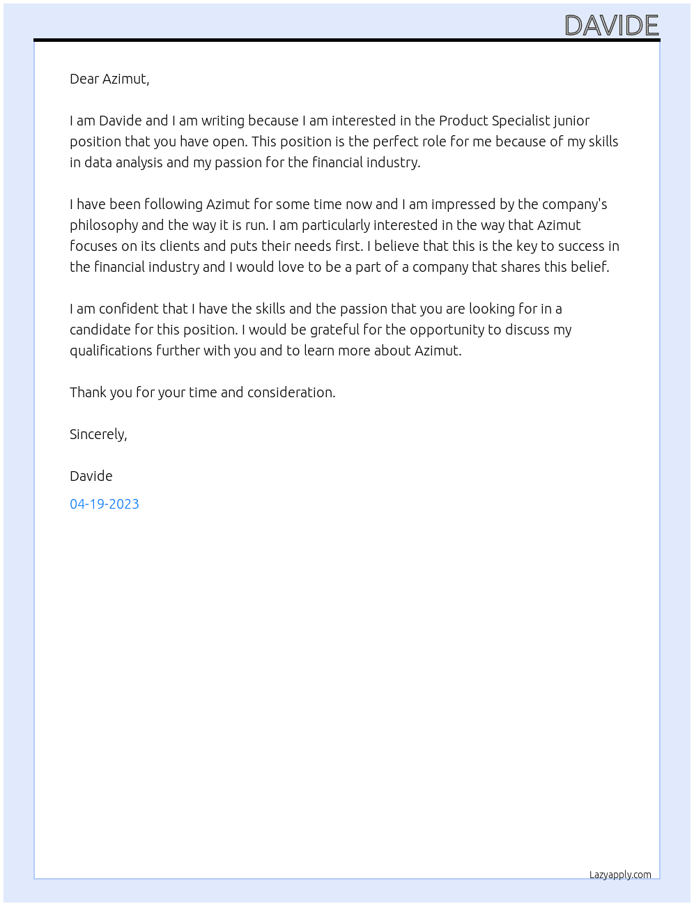 Product Specialist junior At Azimut Cover Letter