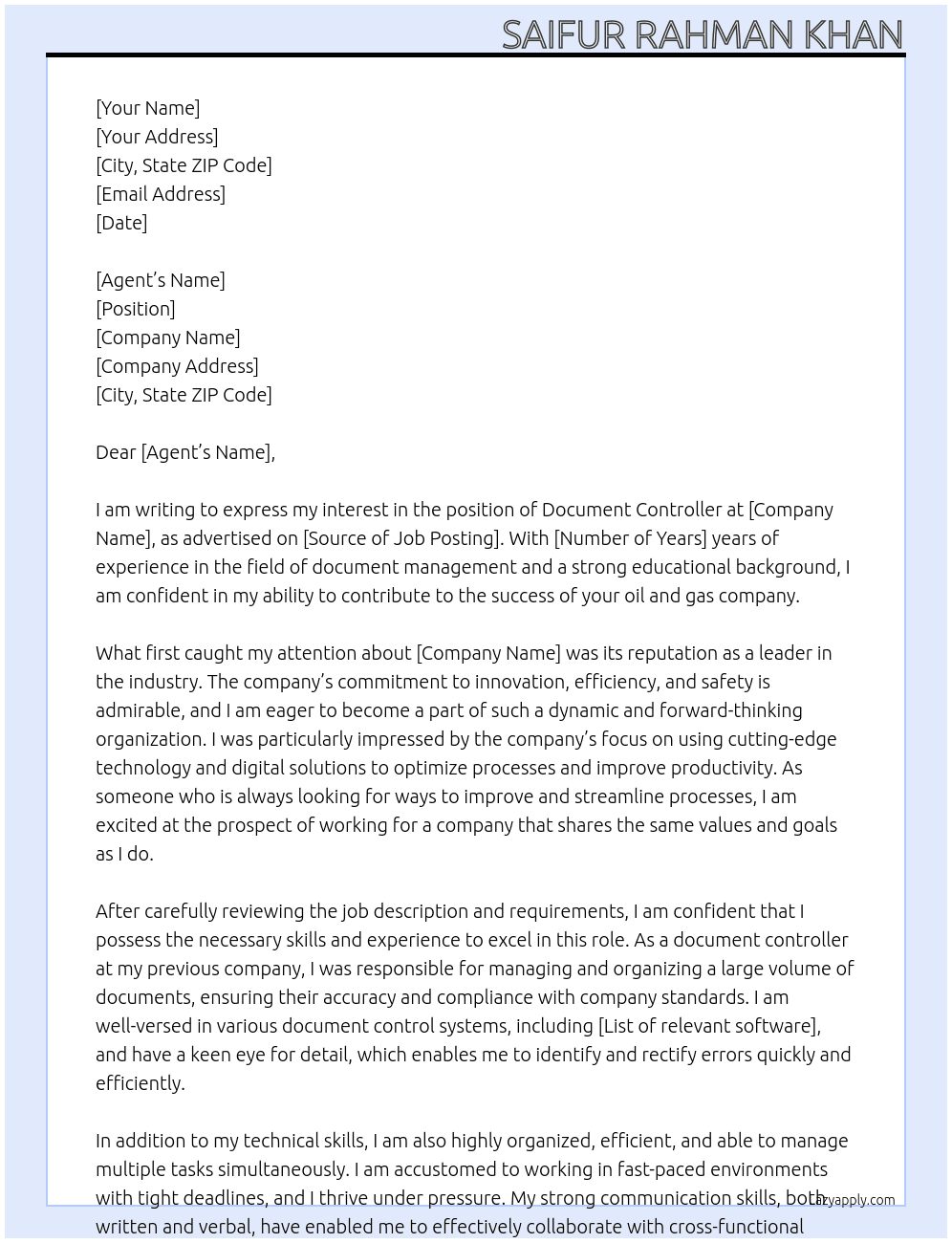 document controller  At oil & gas company Cover Letter