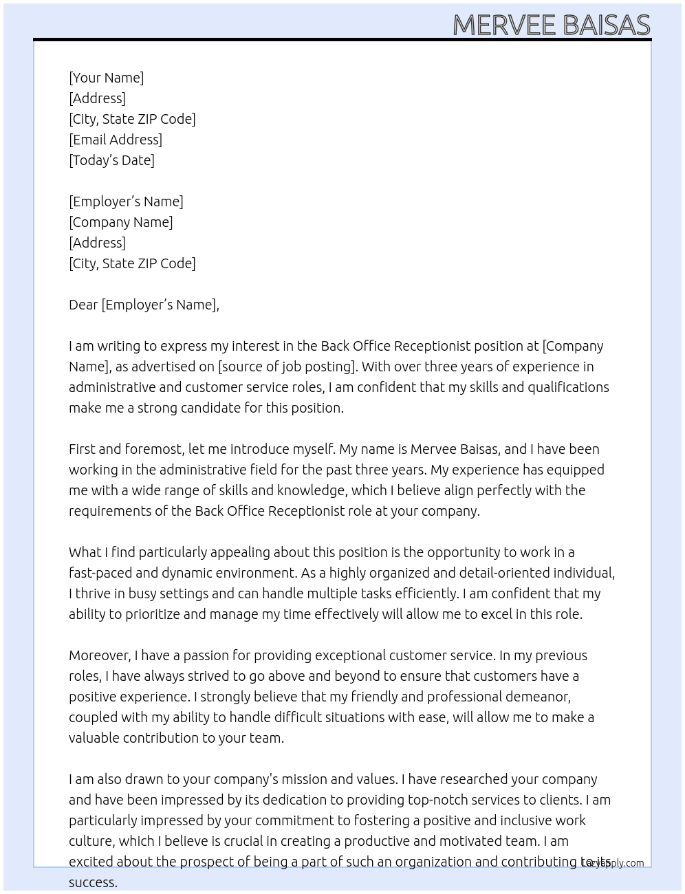 Back office Receptionist  At Back office Receptionist  Cover Letter