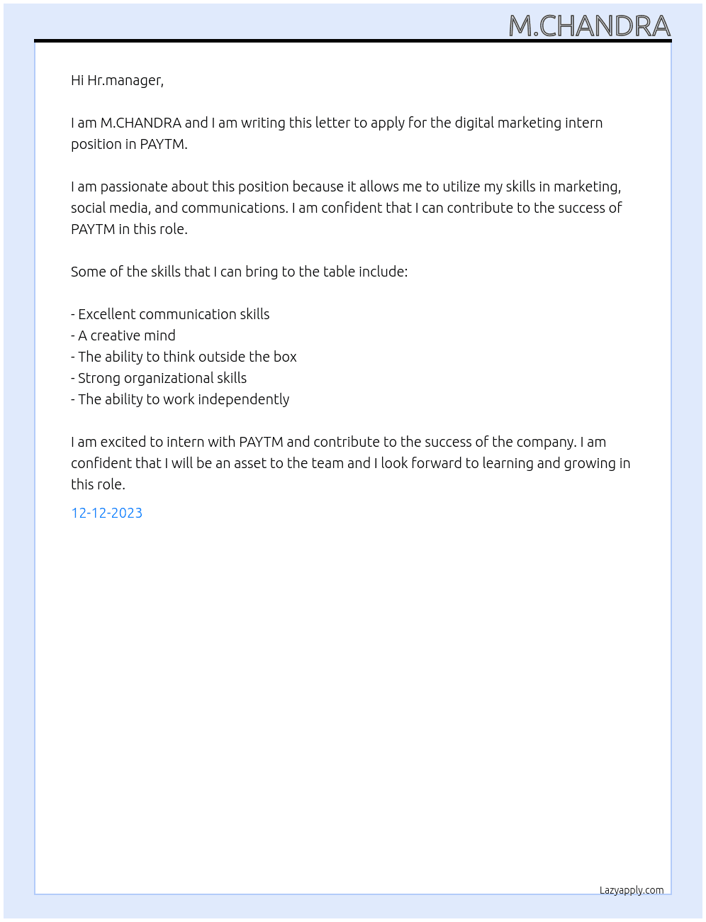 digital marketing intern At PAYTM Cover Letter