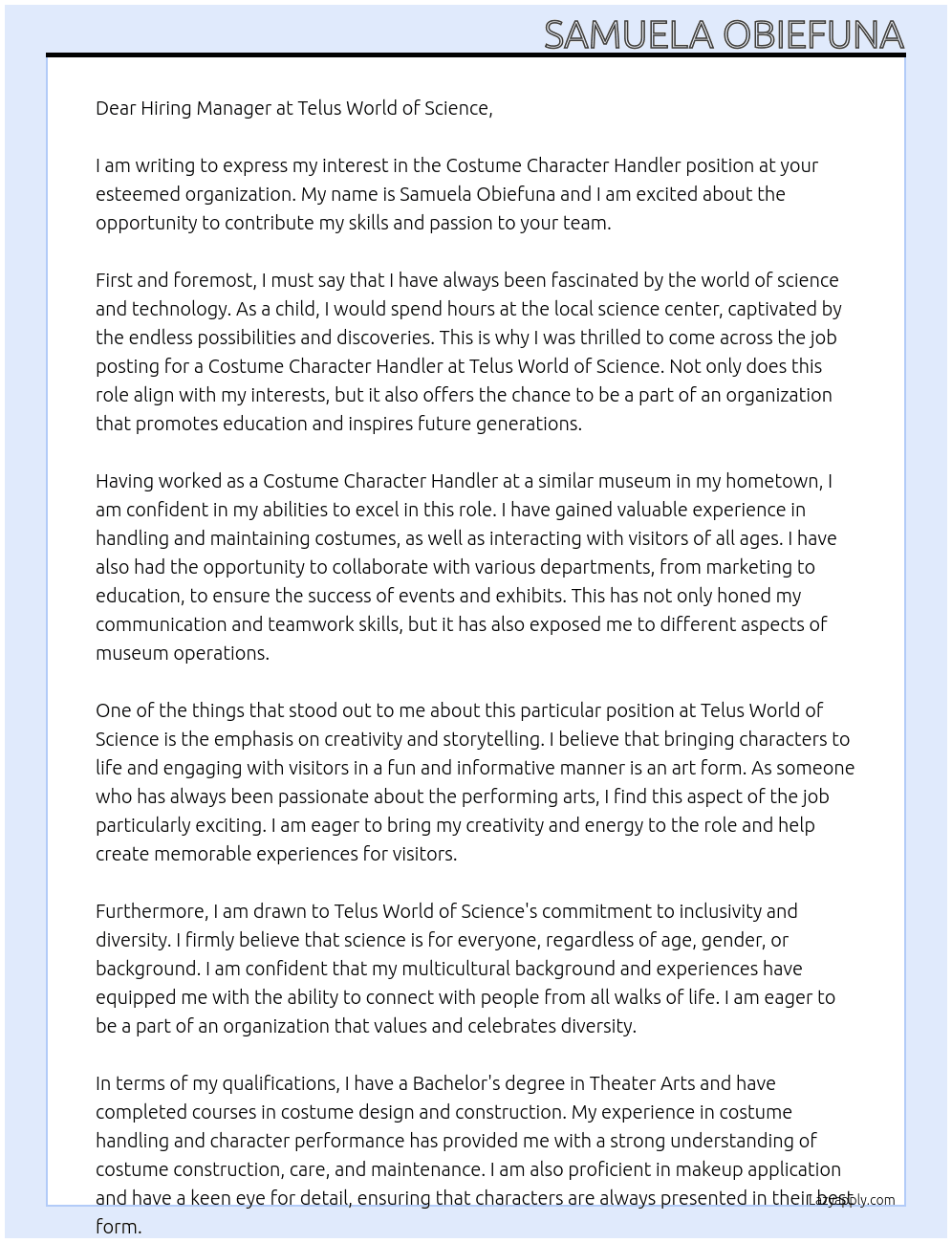 Costume character handler At Telus World of Science Cover Letter