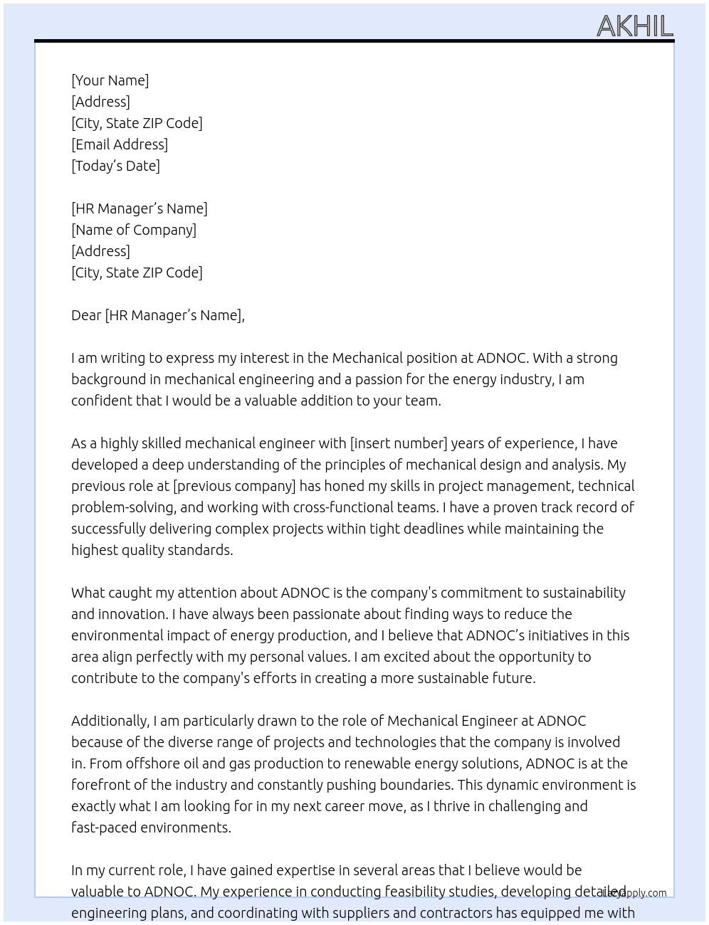 mechanical At ADNOC Cover Letter