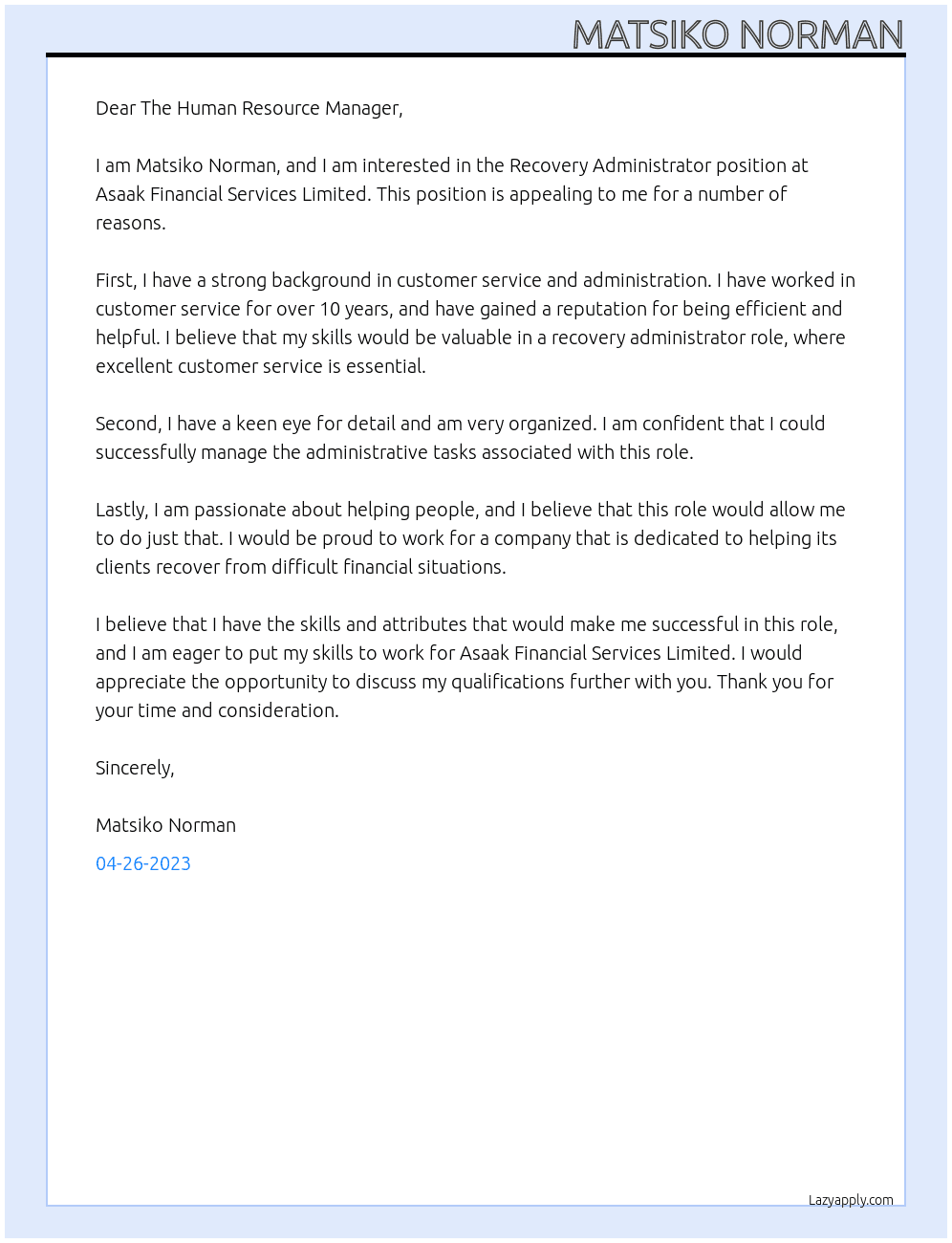 Recovery administrator At Asaak financial services limited Cover Letter