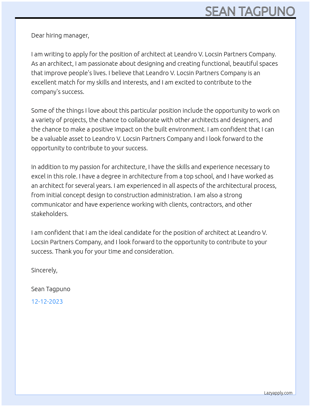 architect At Leandro V. Locsin Partners Company Cover Letter