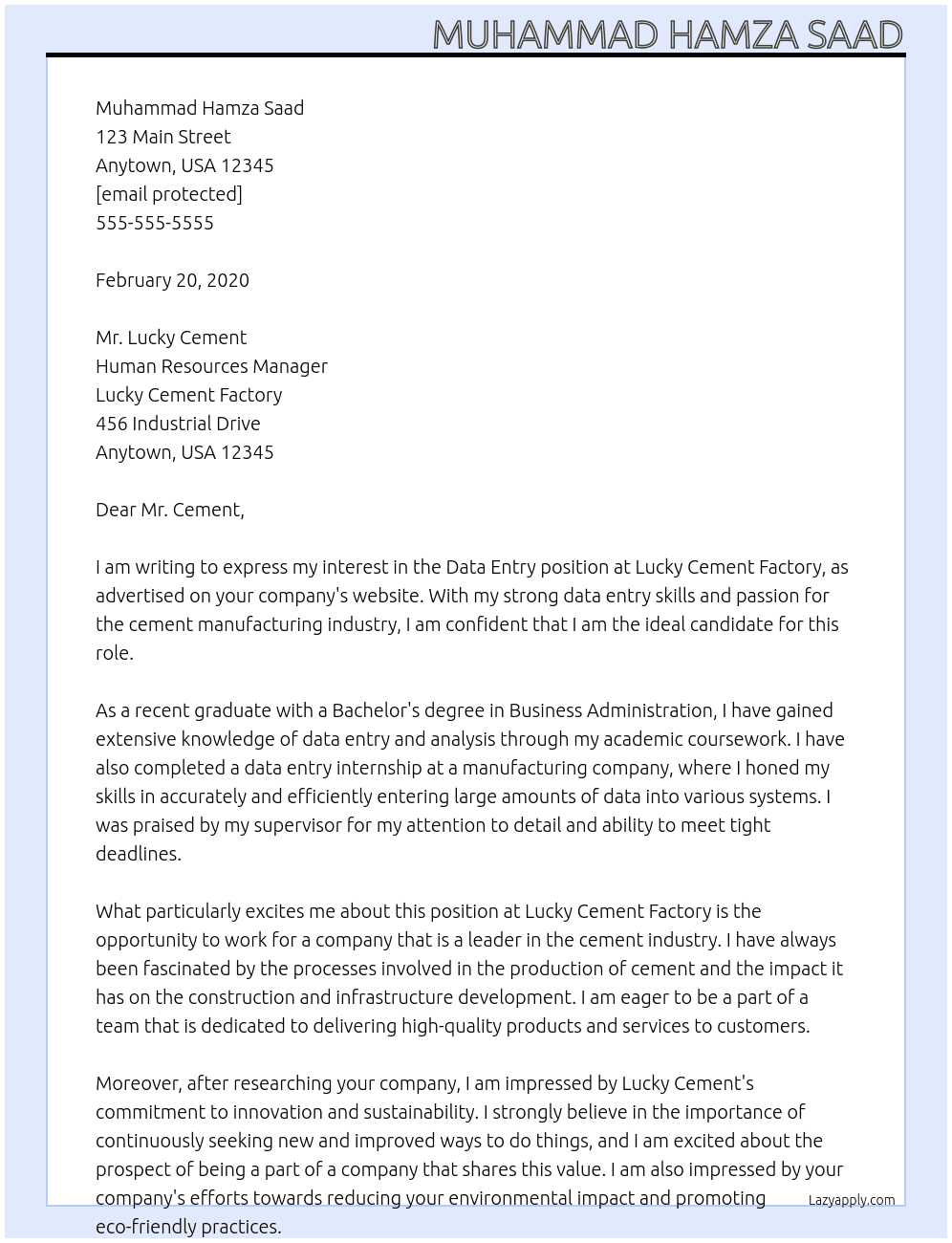 Data Entry At Lucky Cement Factory Cover Letter