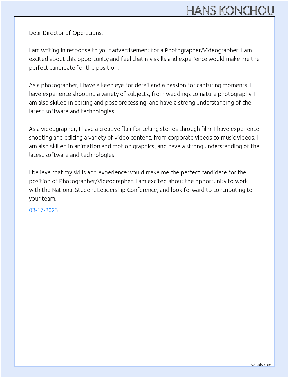 Photographer/Videogropher  At National Student Leadership Conference Cover Letter