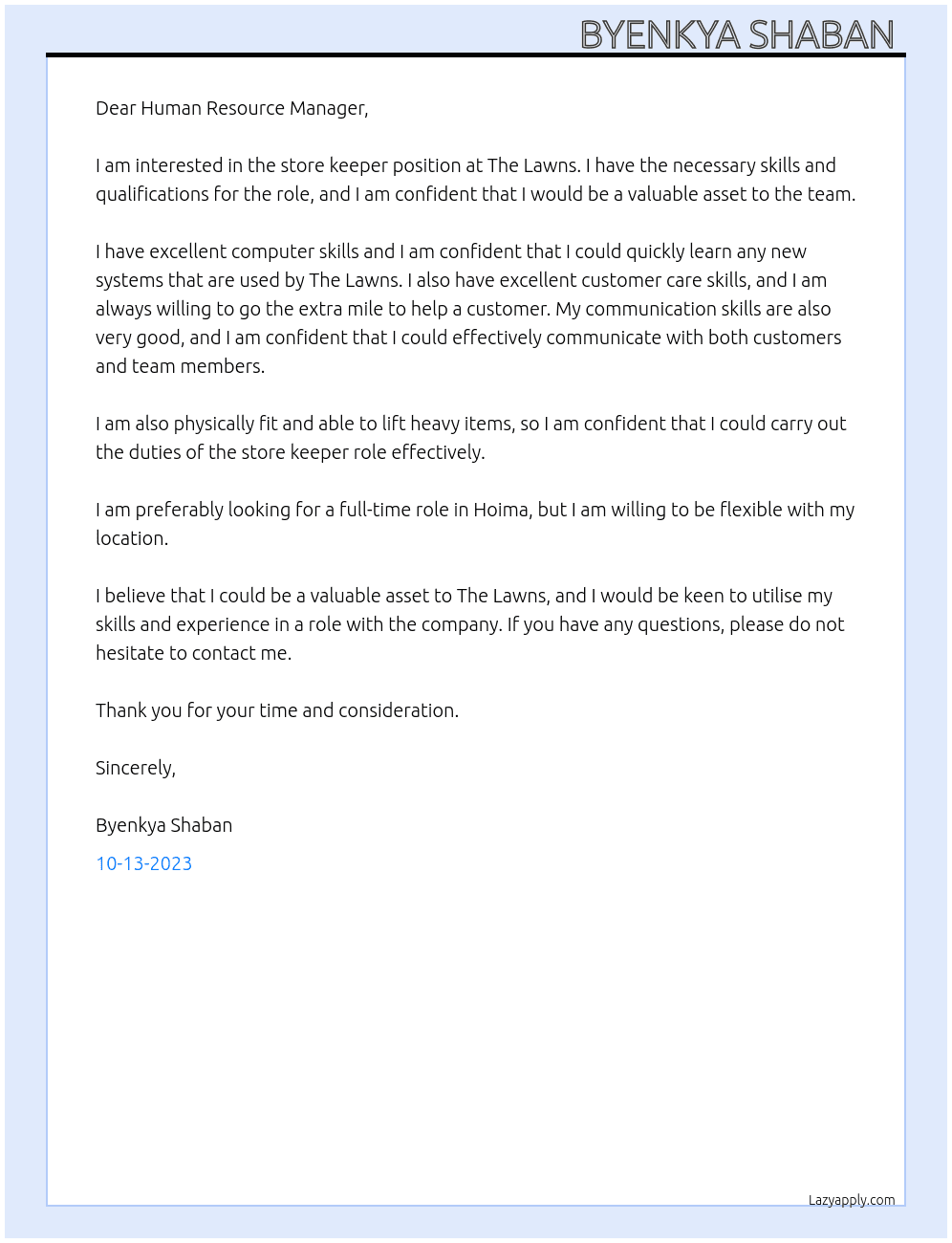 Store keeper  At  The lawns  Cover Letter