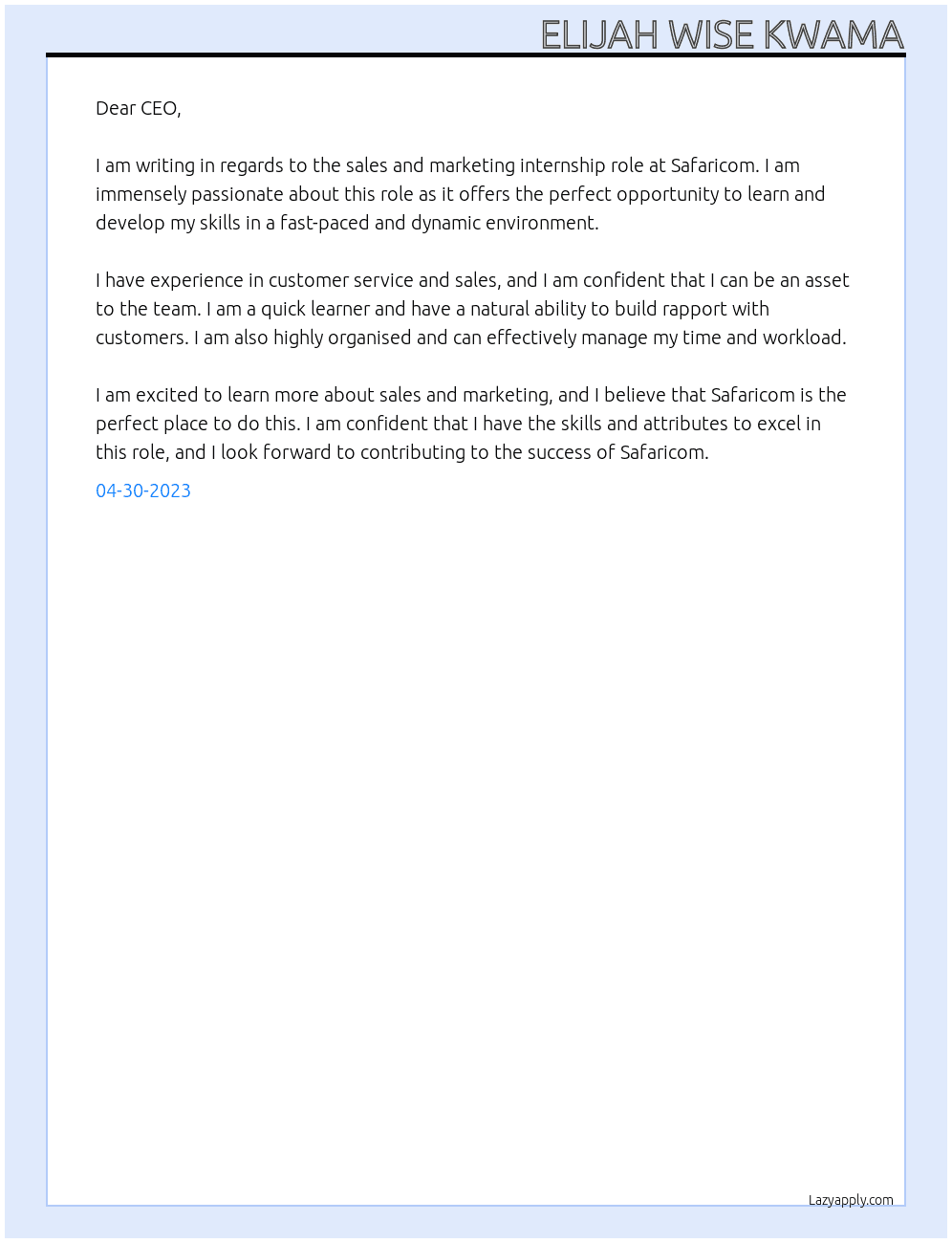 sales and marketing At safaricom Cover Letter