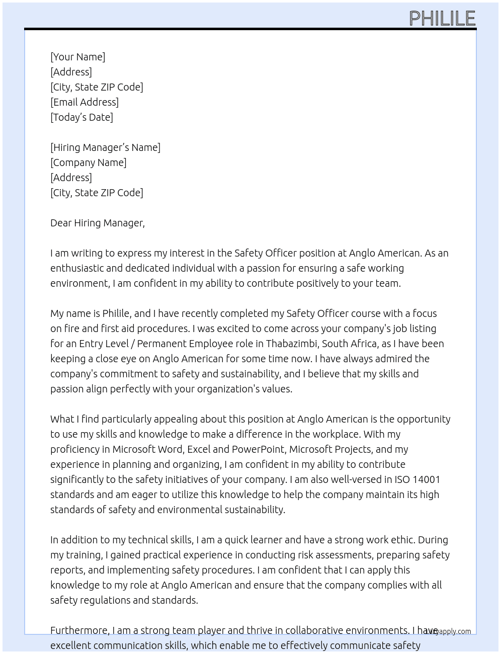 Safety officer  At anglo american Cover Letter