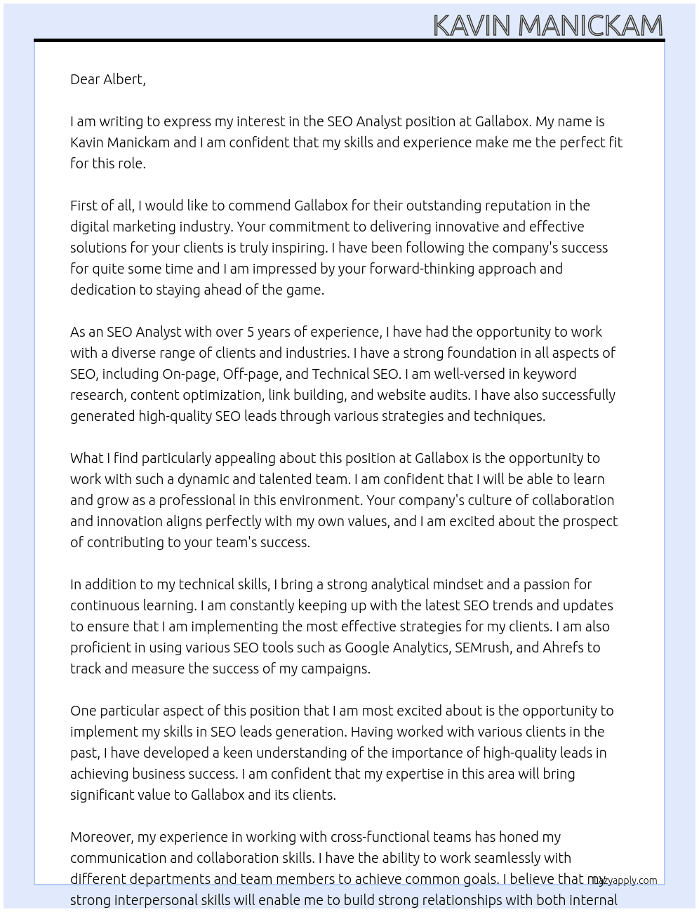SEO Analyst At Gallabox Cover Letter