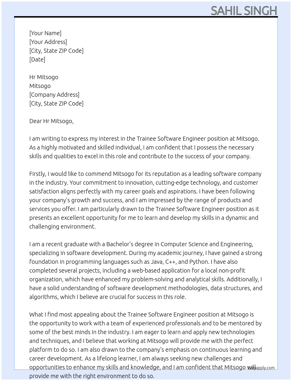  Trainee Software Engineer At Mitsogo Cover Letter