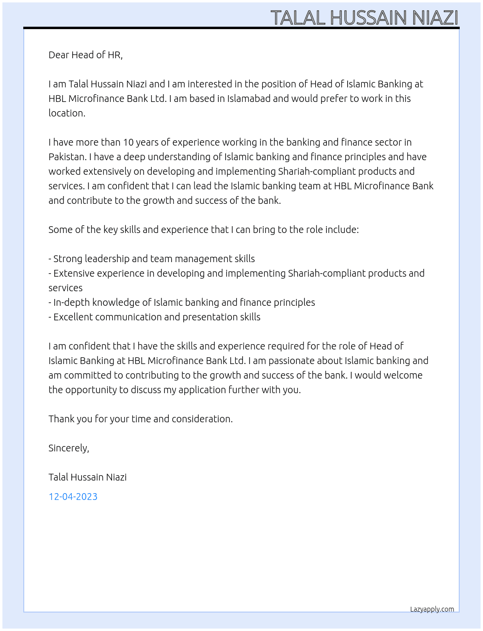 Head of Islamic Banking At HBL Microfinance Bank Ltd. Cover Letter