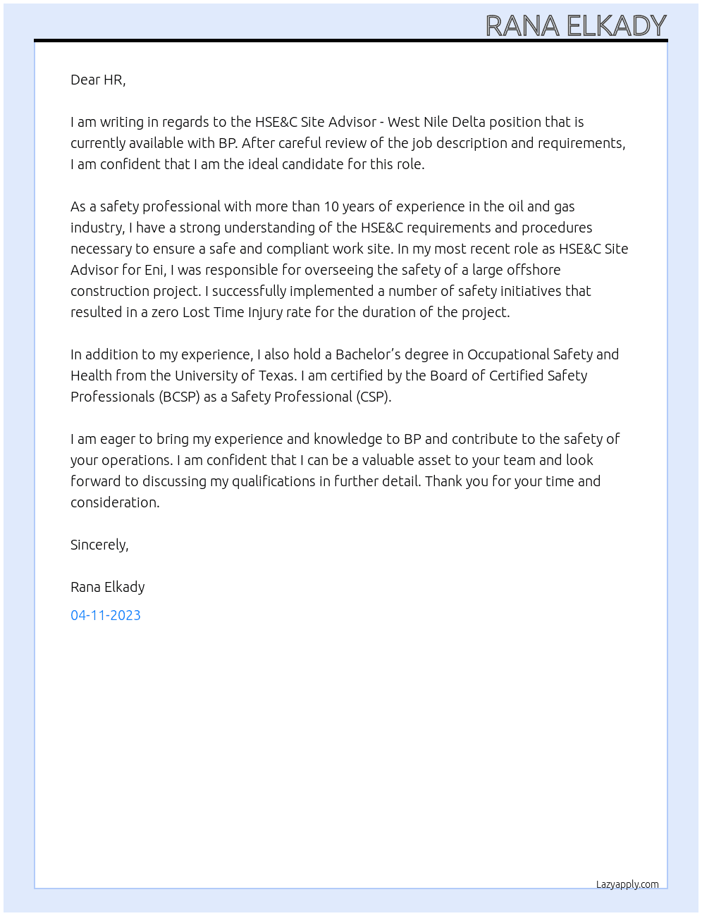 HSE&C Site Advisor - West Nile Delta At Bp Cover Letter