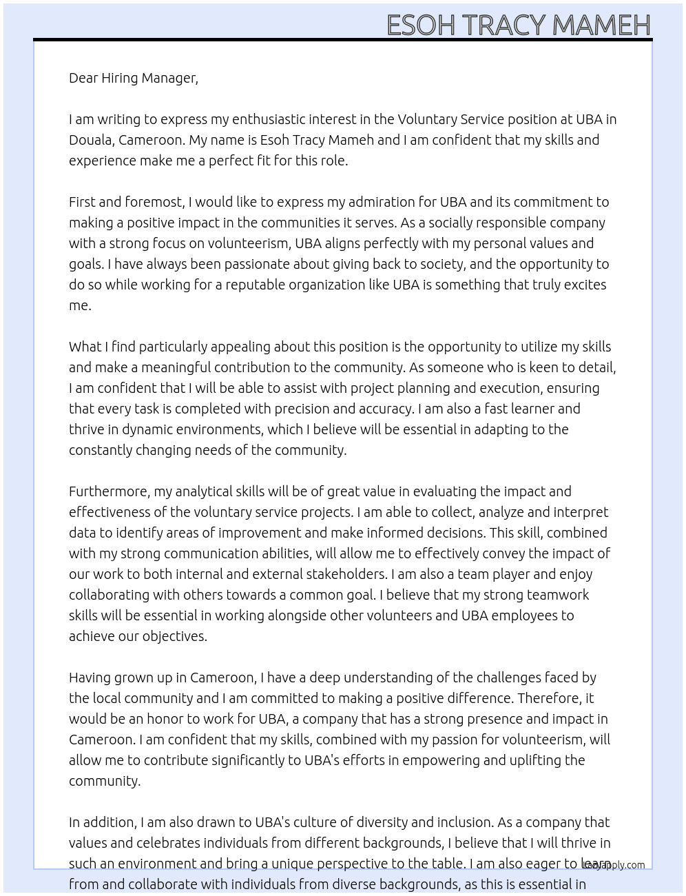 Voluntary Service At UBA  Cover Letter