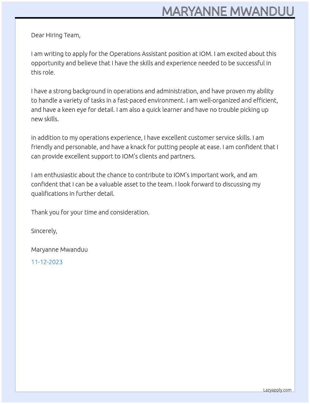 Operations Assistant At IOM Cover Letter