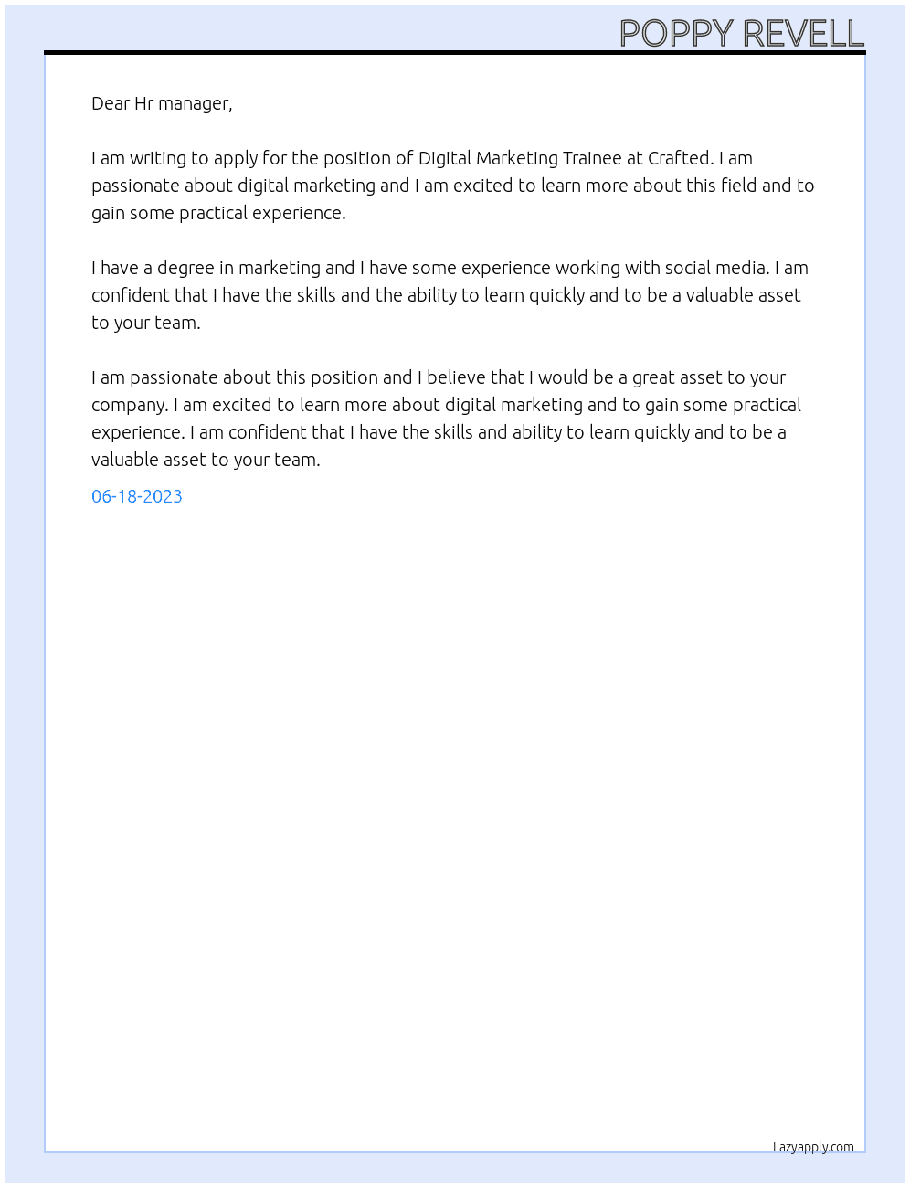 Digital Marketing Trainee  At Crafted  Cover Letter