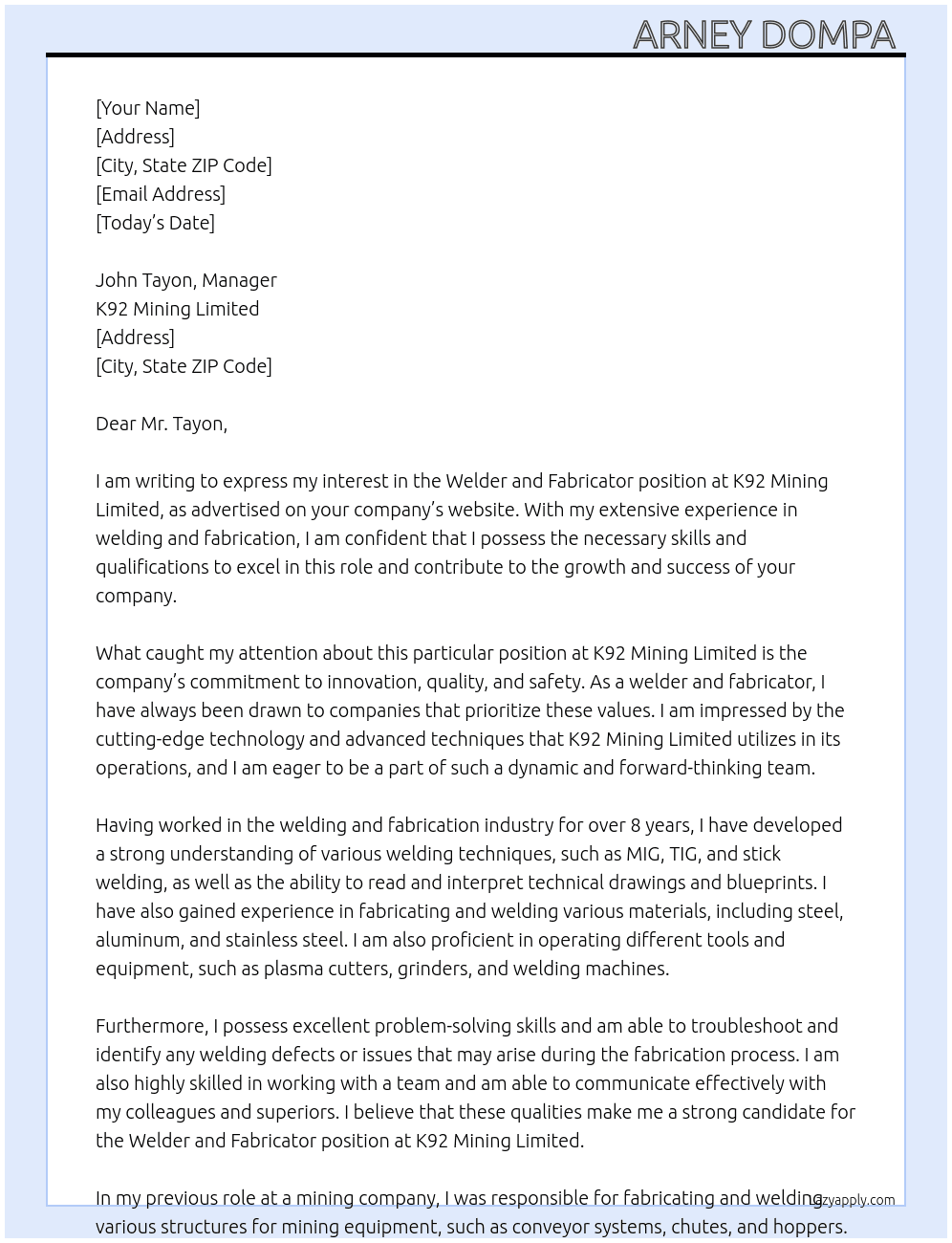 Welder and Fabricator  At K92 mining limited  Cover Letter