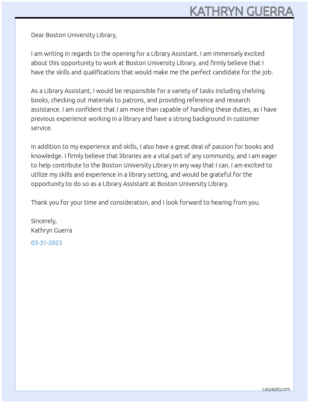 Library assistant  At Boston University library  Cover Letter