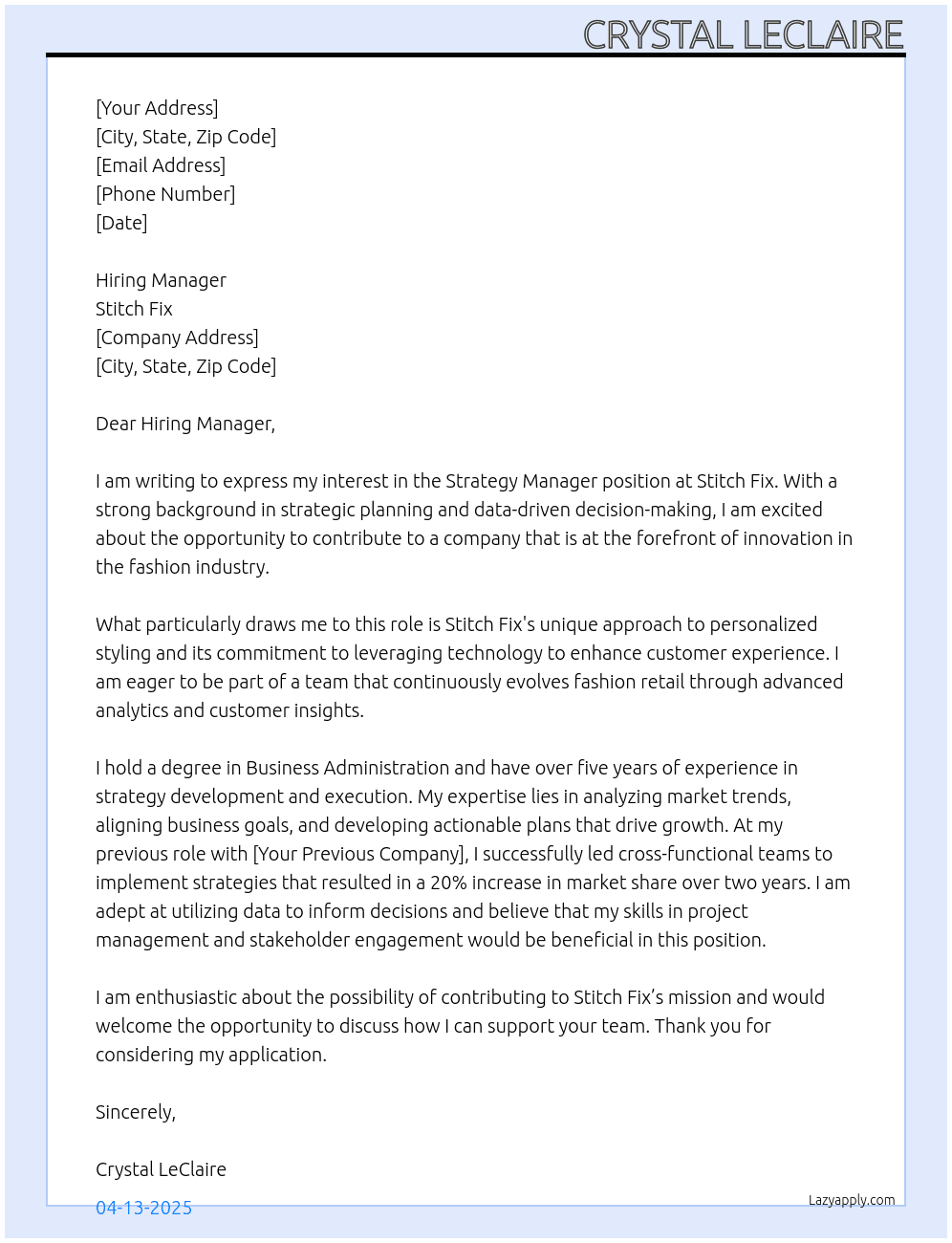 Strategy Manager At Stitch Fix Cover Letter