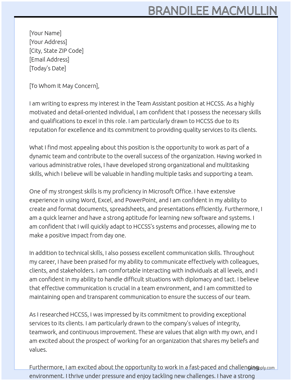 Tream Assisstant At HCCSS Cover Letter