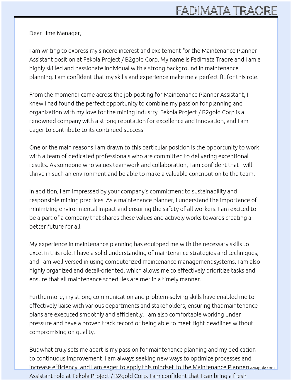 Maintenance Planner Assistant At Fekola Project / B2gold Corp Cover Letter