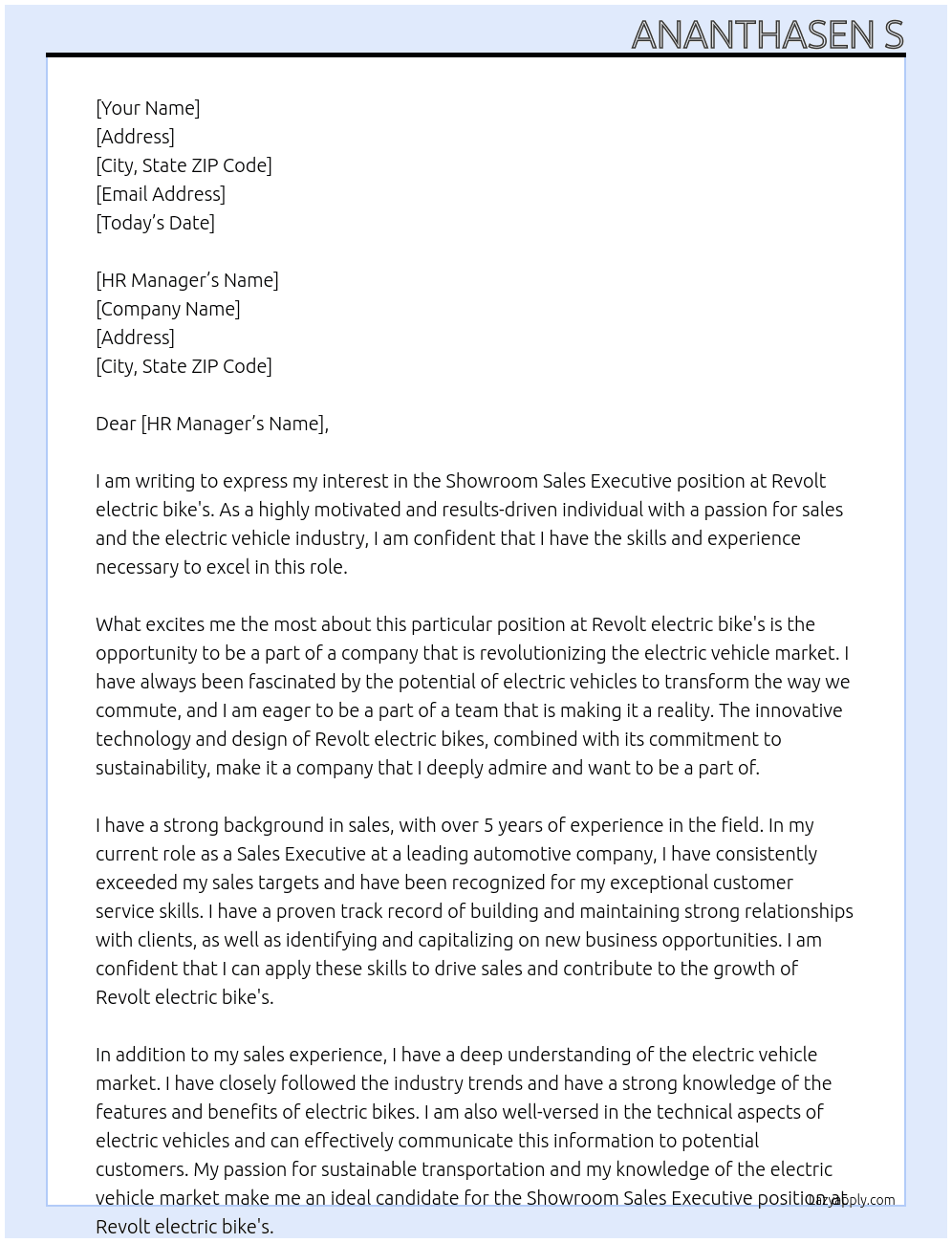 Showroom Sales executive At Revolt electric bike's Cover Letter