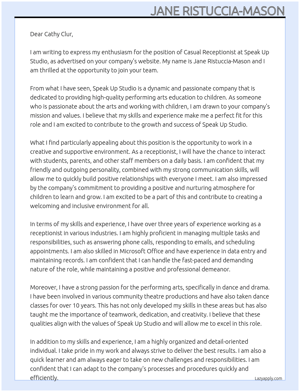 Casual Receptionist At Speak Up Studio Cover Letter