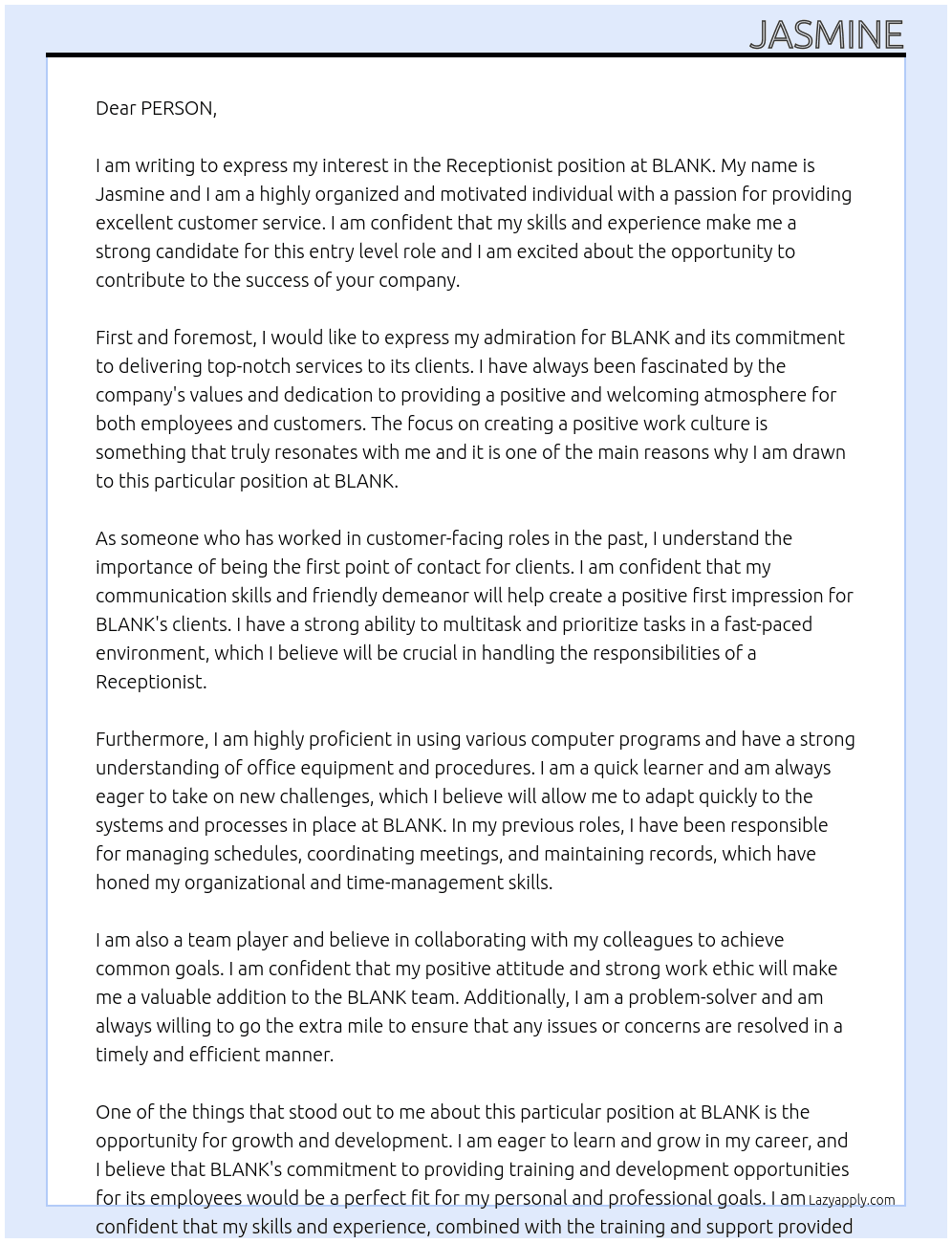 receptionist At BLANK Cover Letter