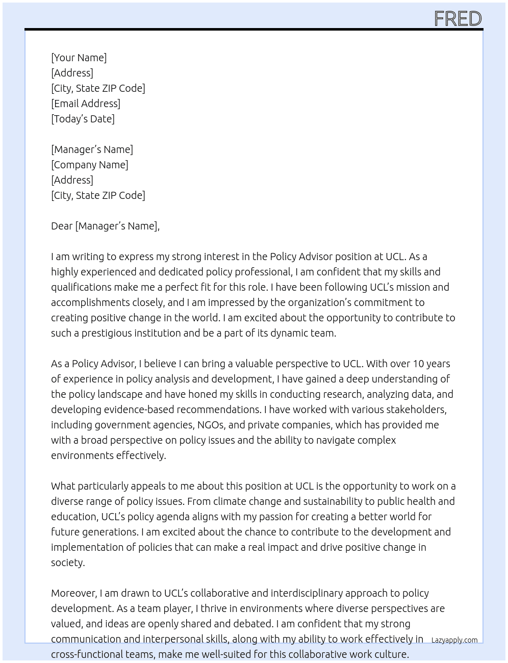 Policy Advisor At UCL Cover Letter