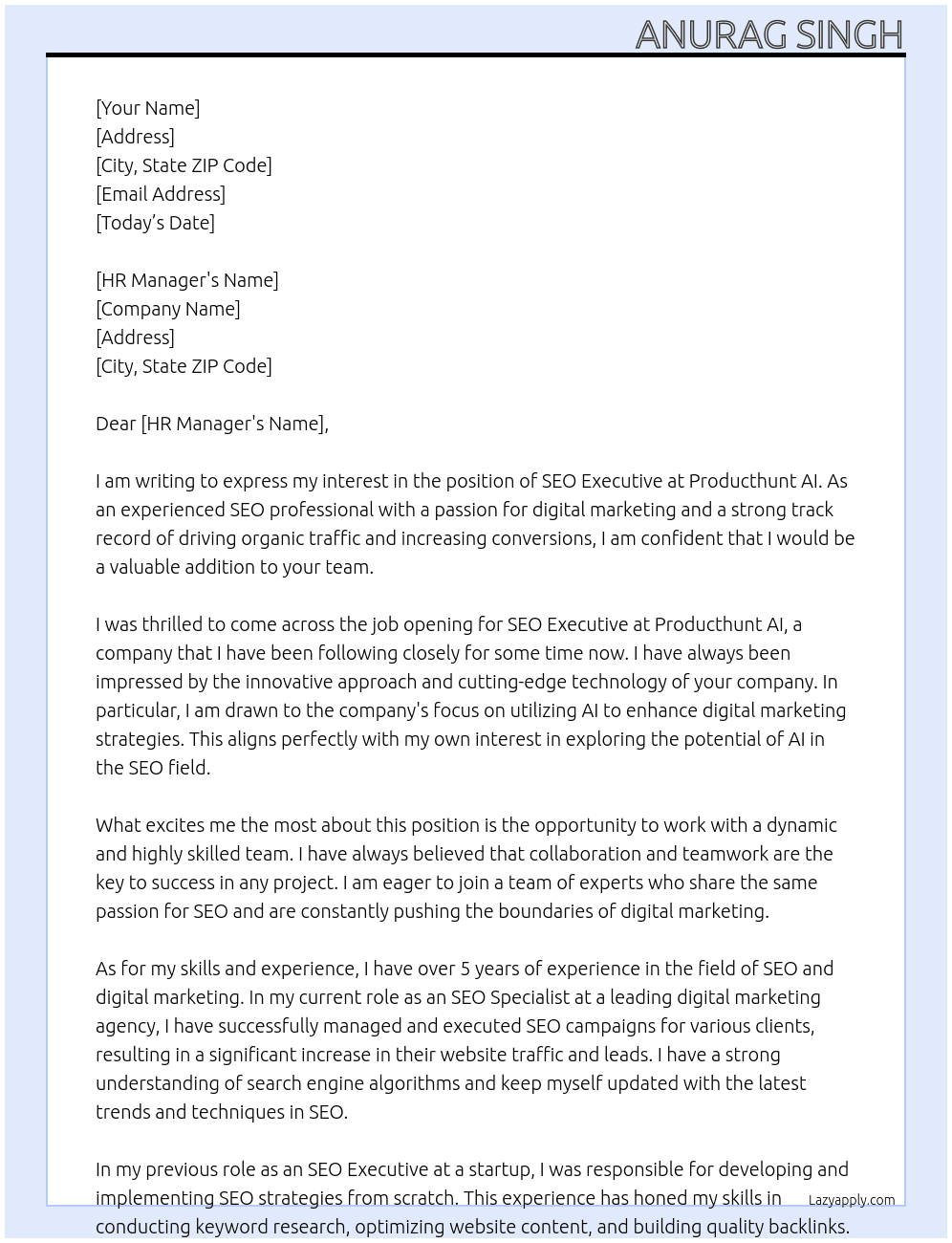 SEO Executive At Producthunt AI Cover Letter
