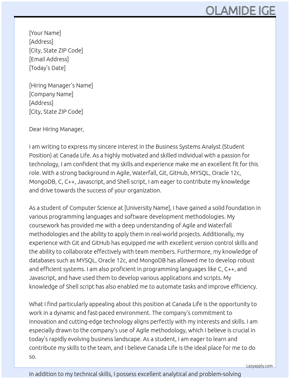 Business Systems Analyst (Student Position) At Canada Life Cover Letter