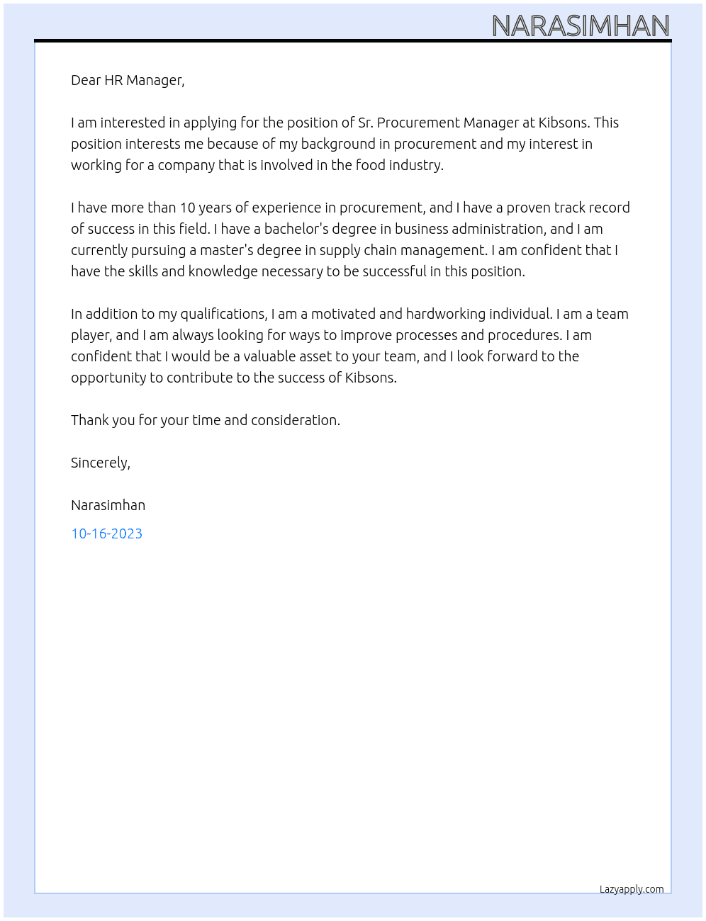 Sr. Procurement Manager At Kibsons Cover Letter
