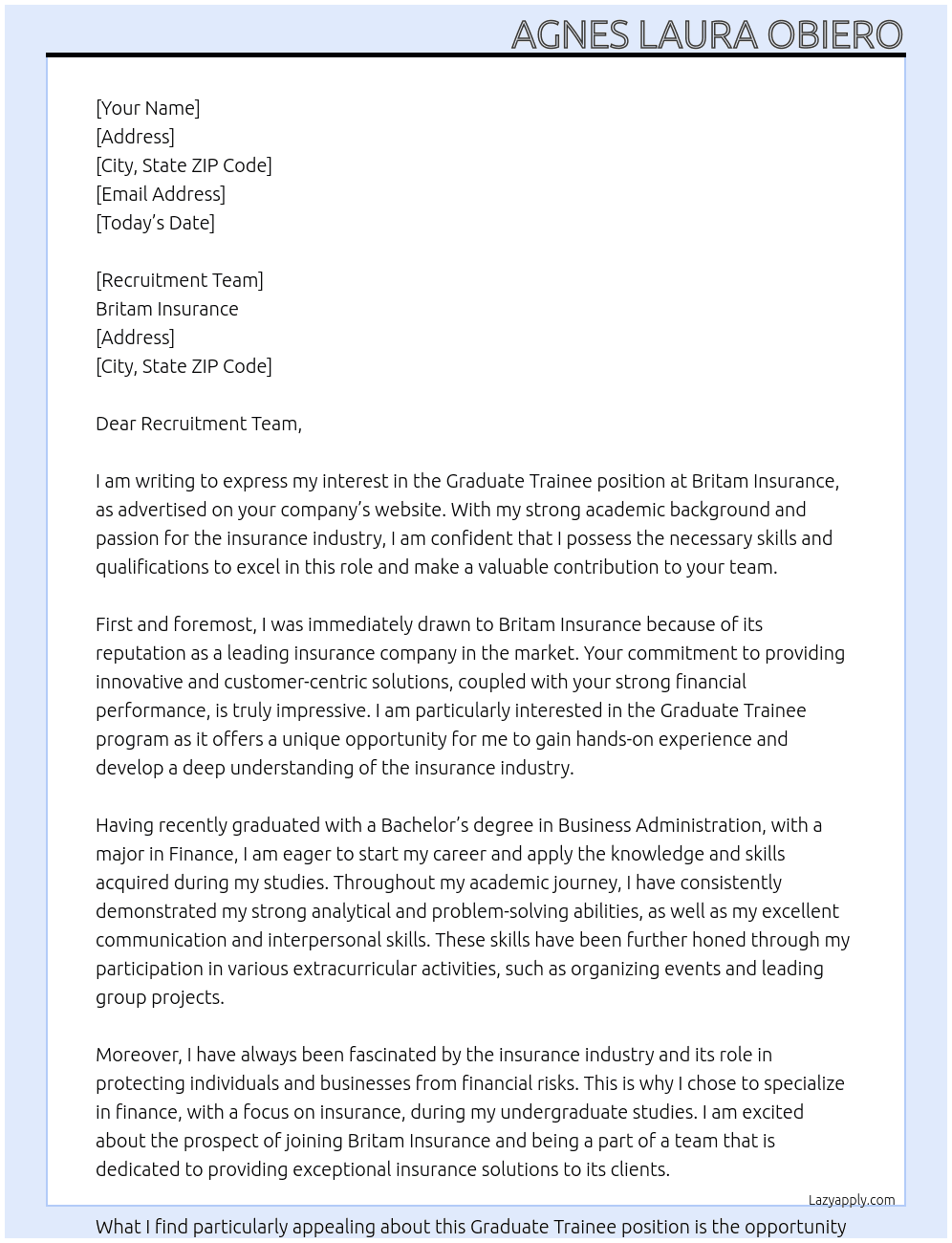 Graduate Trainee  At Britam Insurance  Cover Letter