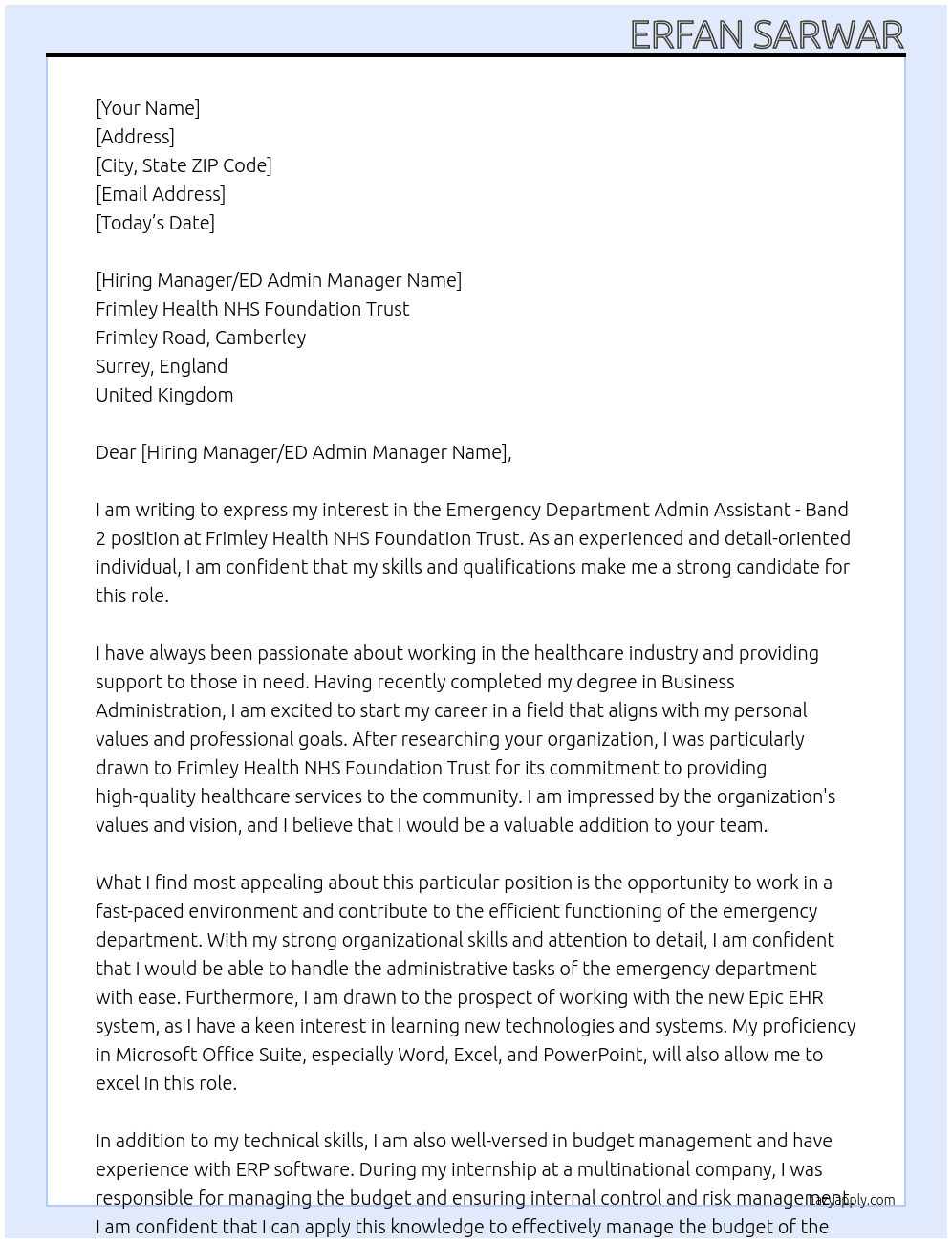 Emergency Department Admin Assistant - Band 2  At Frimley Health NHS Foundation Trust Cover Letter
