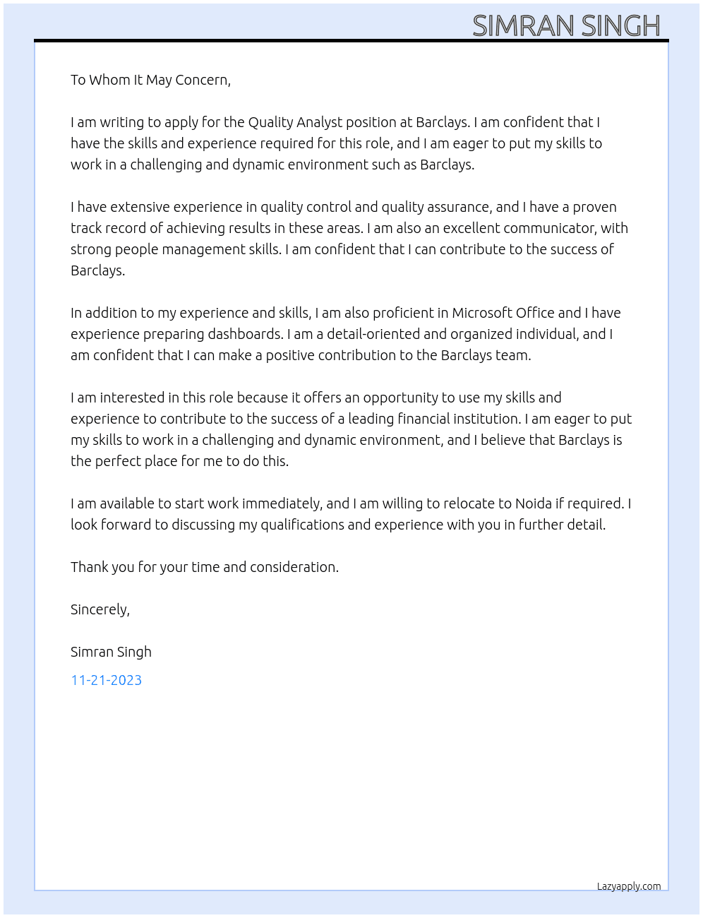 Quality analyst  At Barclays  Cover Letter
