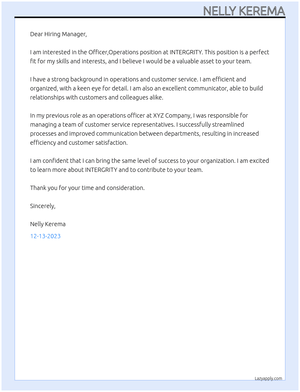 Officer,Operations At INTERGRITY Cover Letter