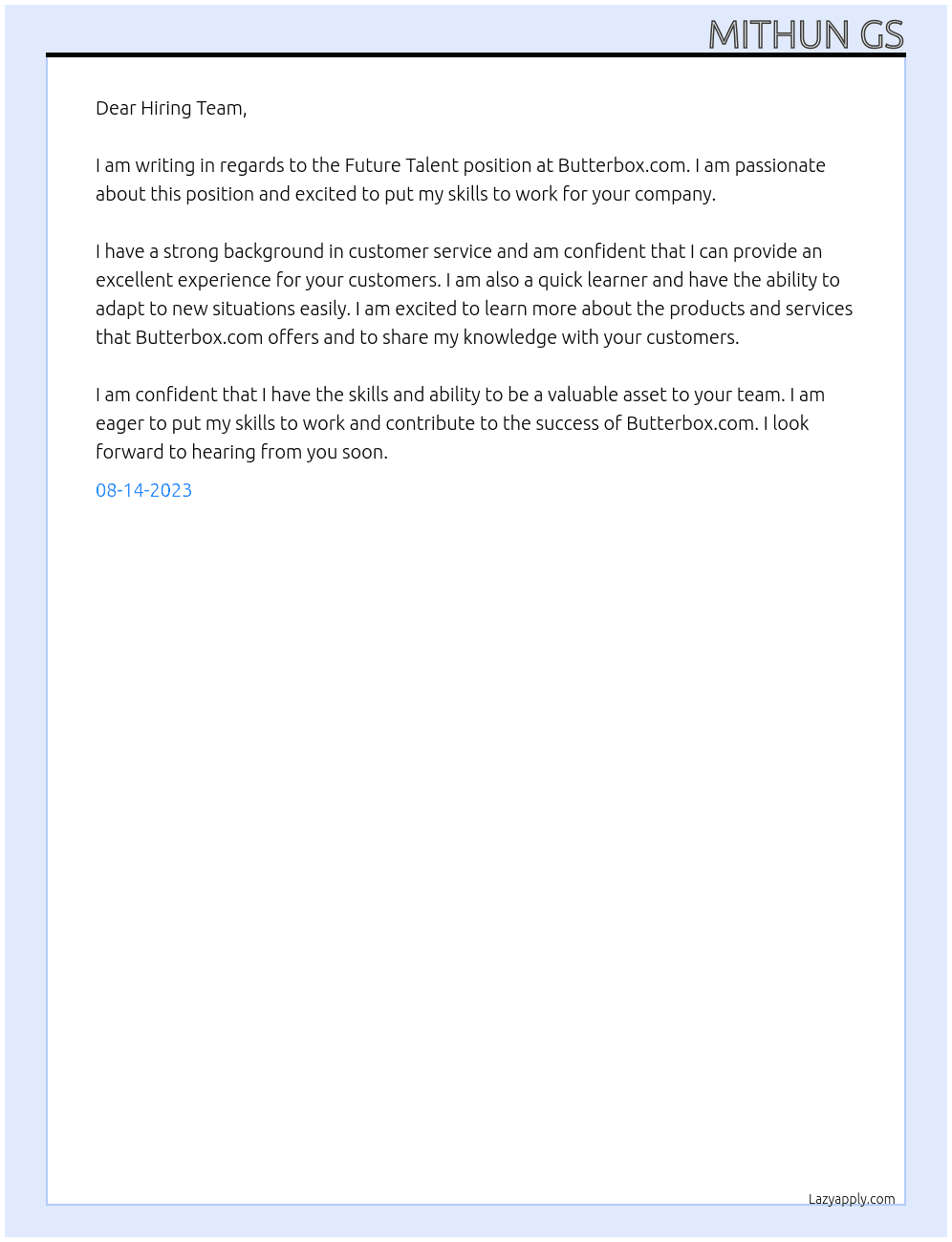 Future Talent At butterbox.com Cover Letter