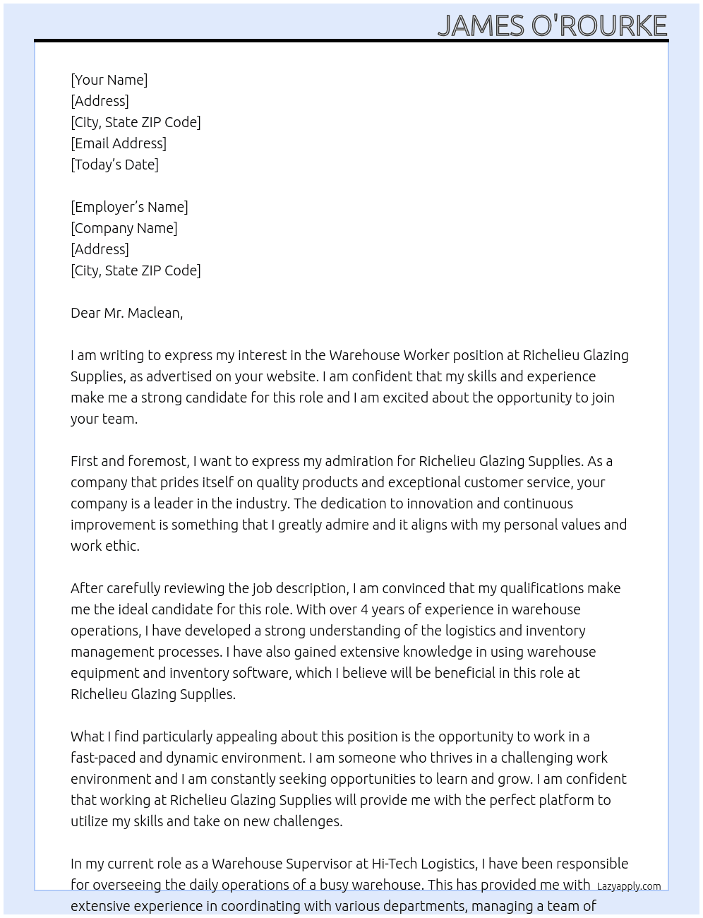 Warehouse Worker  At Richelieu Glazing Supplies (Hi-Tech Glazing) Cover Letter