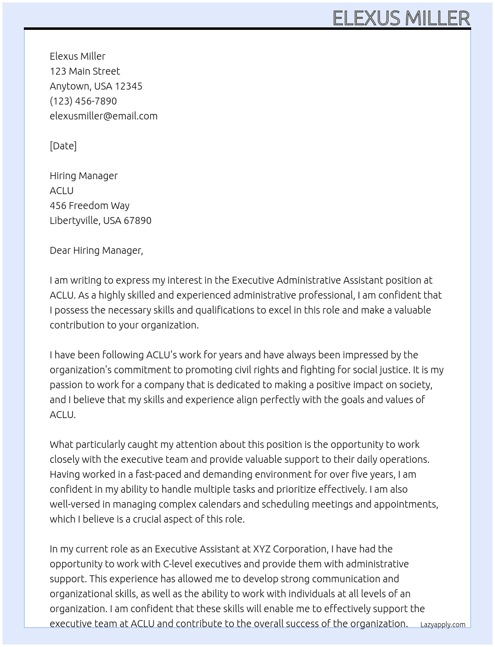 Executive Administrative Assistant At ACLU Cover Letter