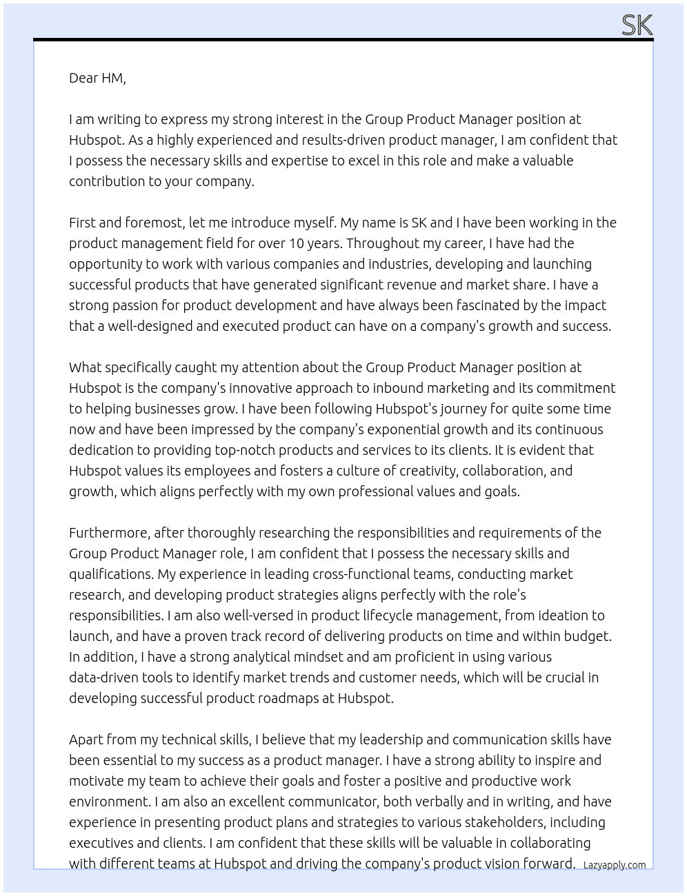 group product manager At Hubspot Cover Letter