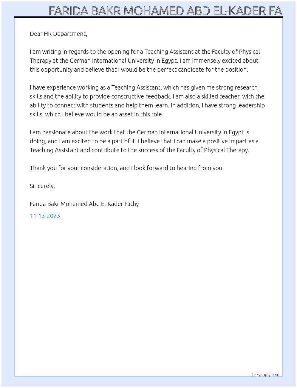 Teaching Assistant at Faculty of Physical Therapy  At German International University in Egypt  Cover Letter