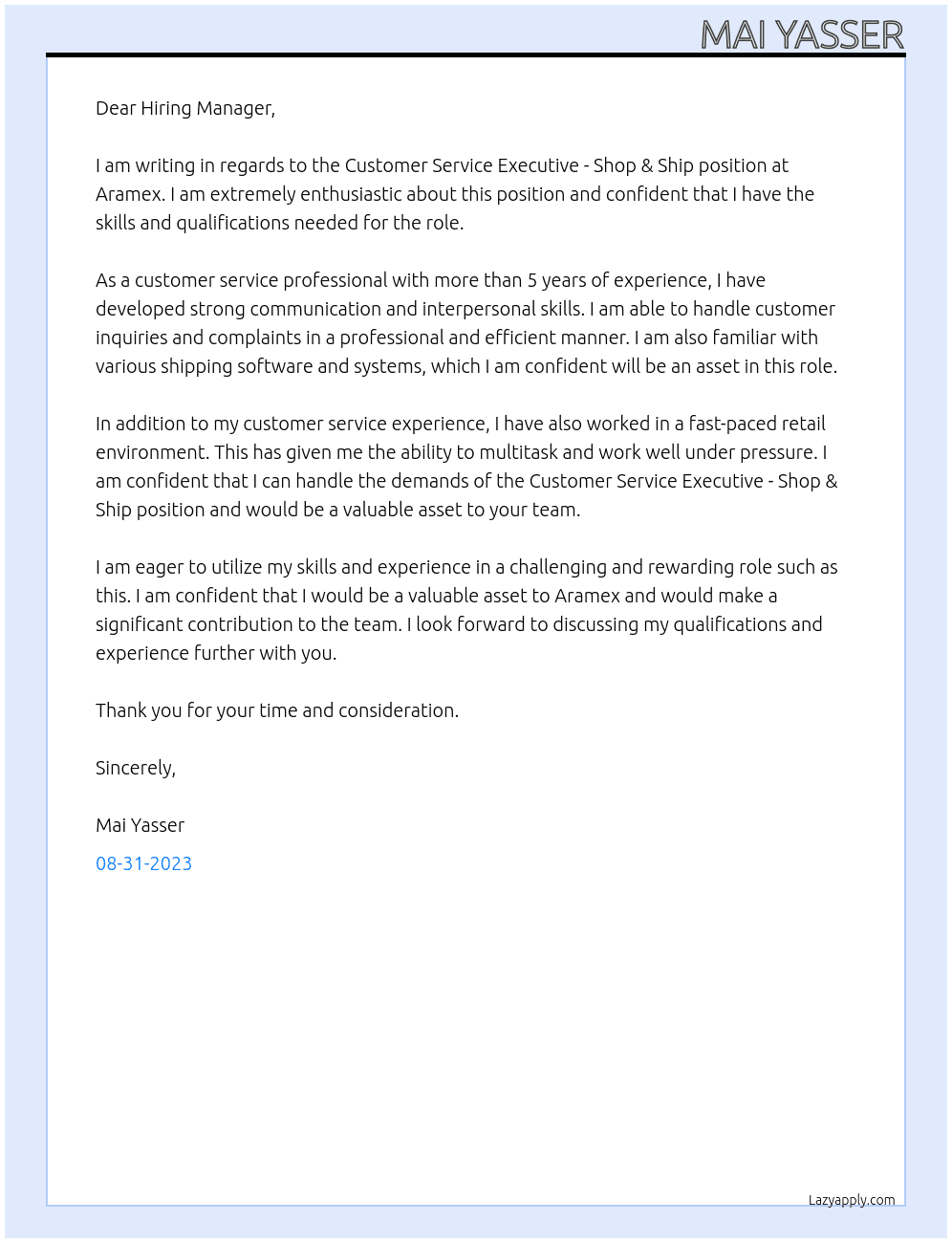 Customer Service Executive - Shop & Ship At Aramex Cover Letter