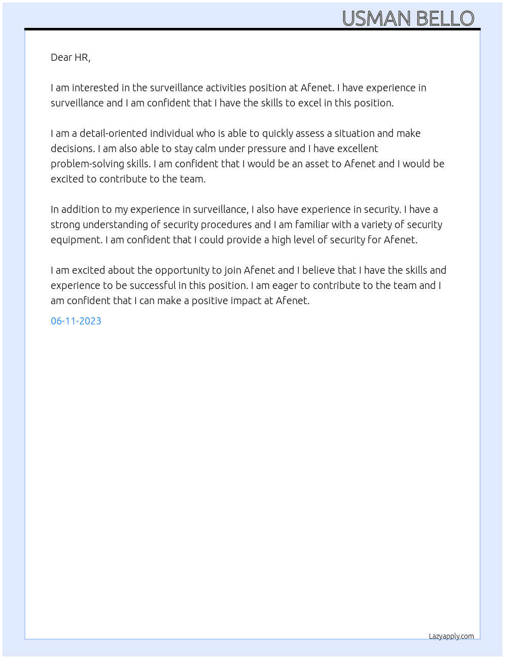 Surveillance Activities  At Afenet  Cover Letter