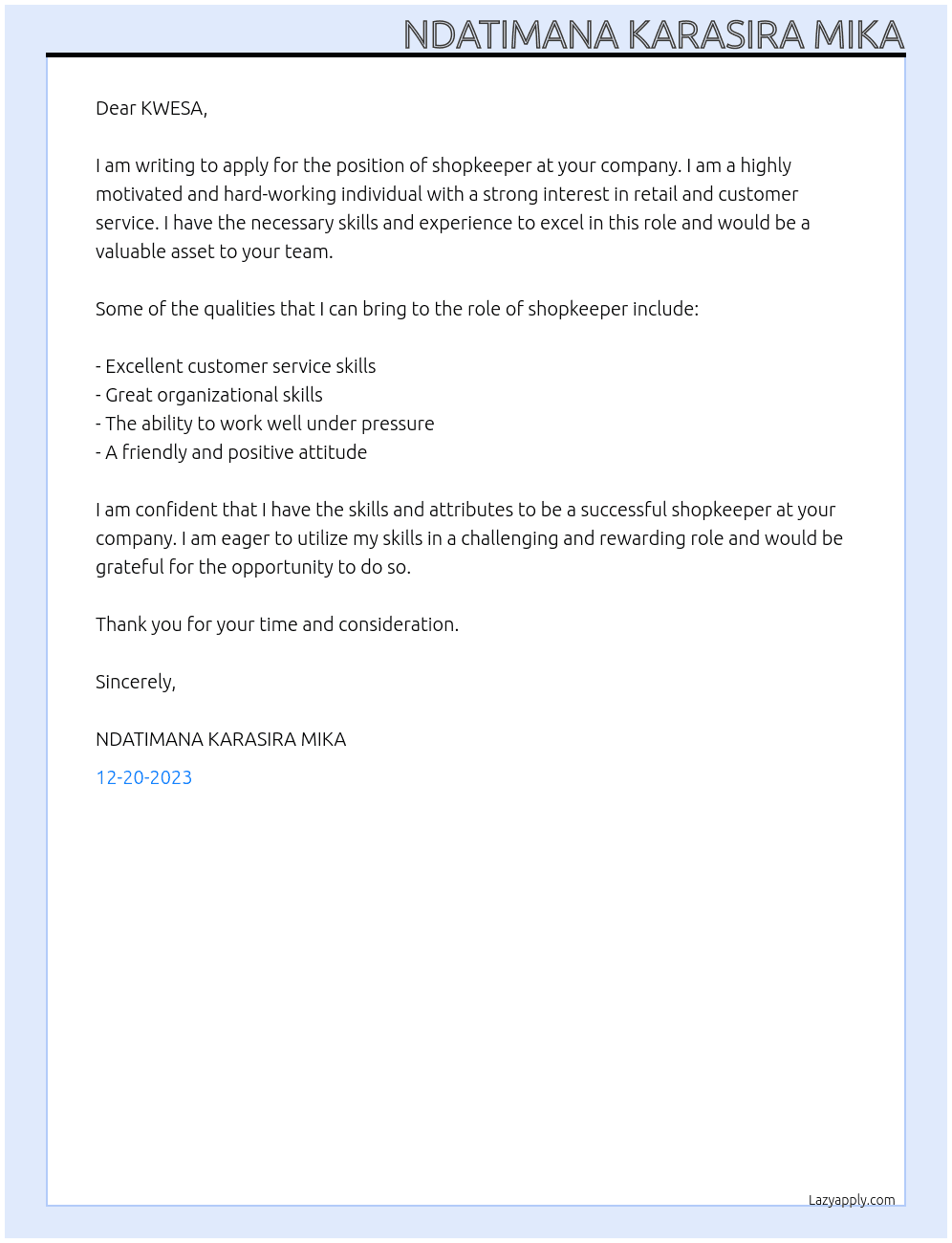 shpkeeper At KWESA Cover Letter