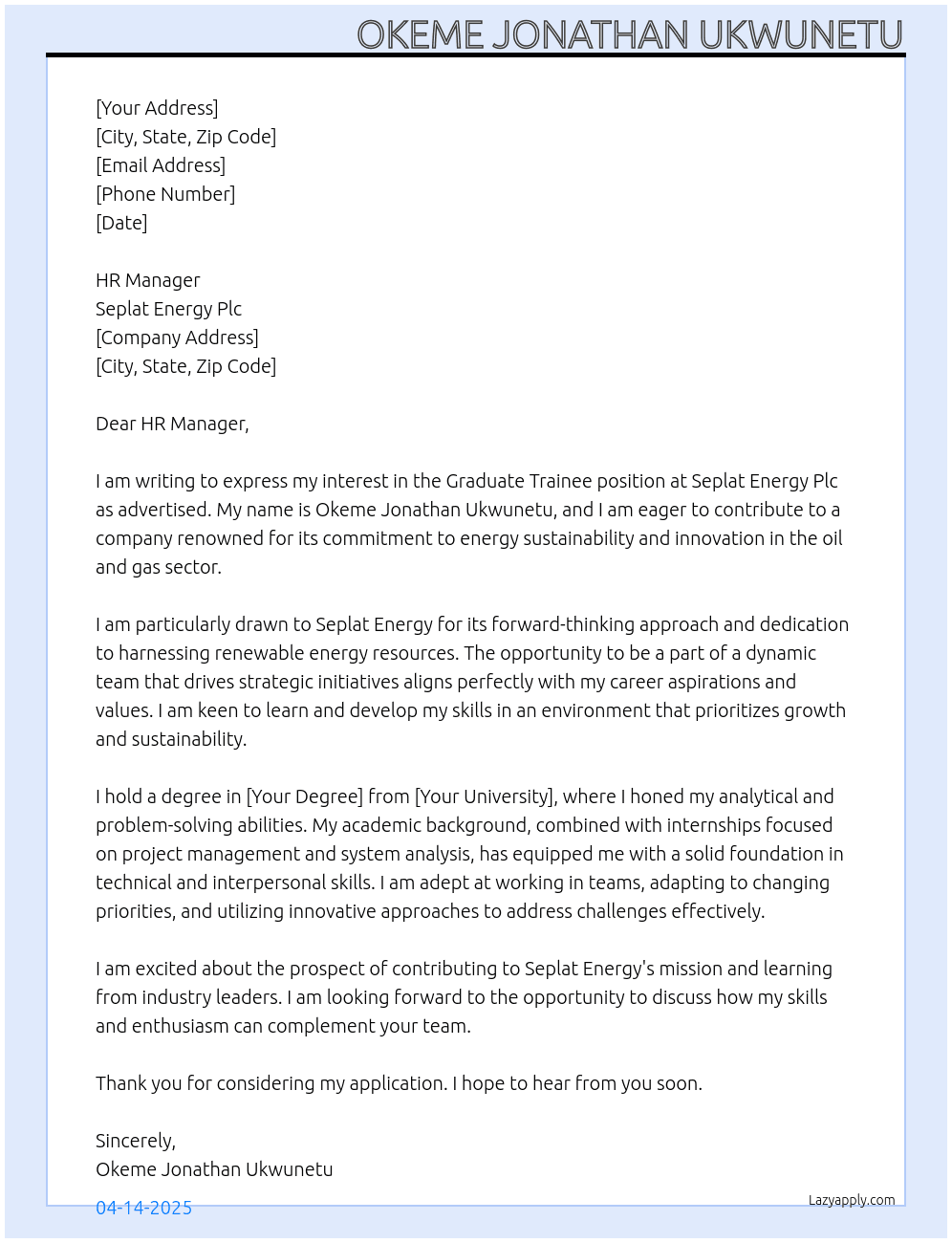 Graduate Trainee At Seplat Energy Plc Cover Letter