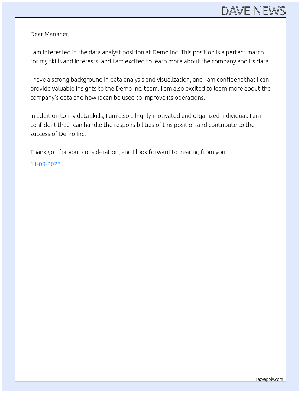Data analyst At Demo Inc. Cover Letter