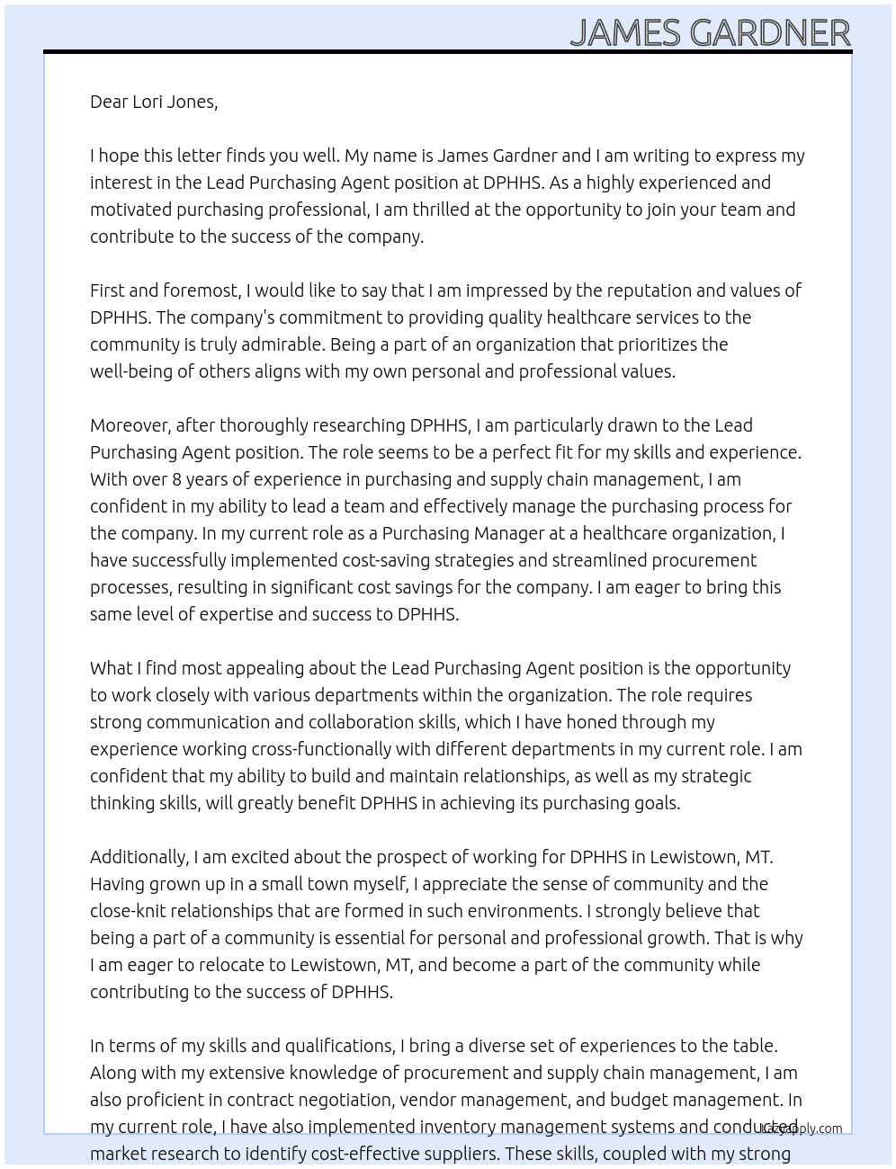Lead Purchasing Agent At DPHHS Cover Letter